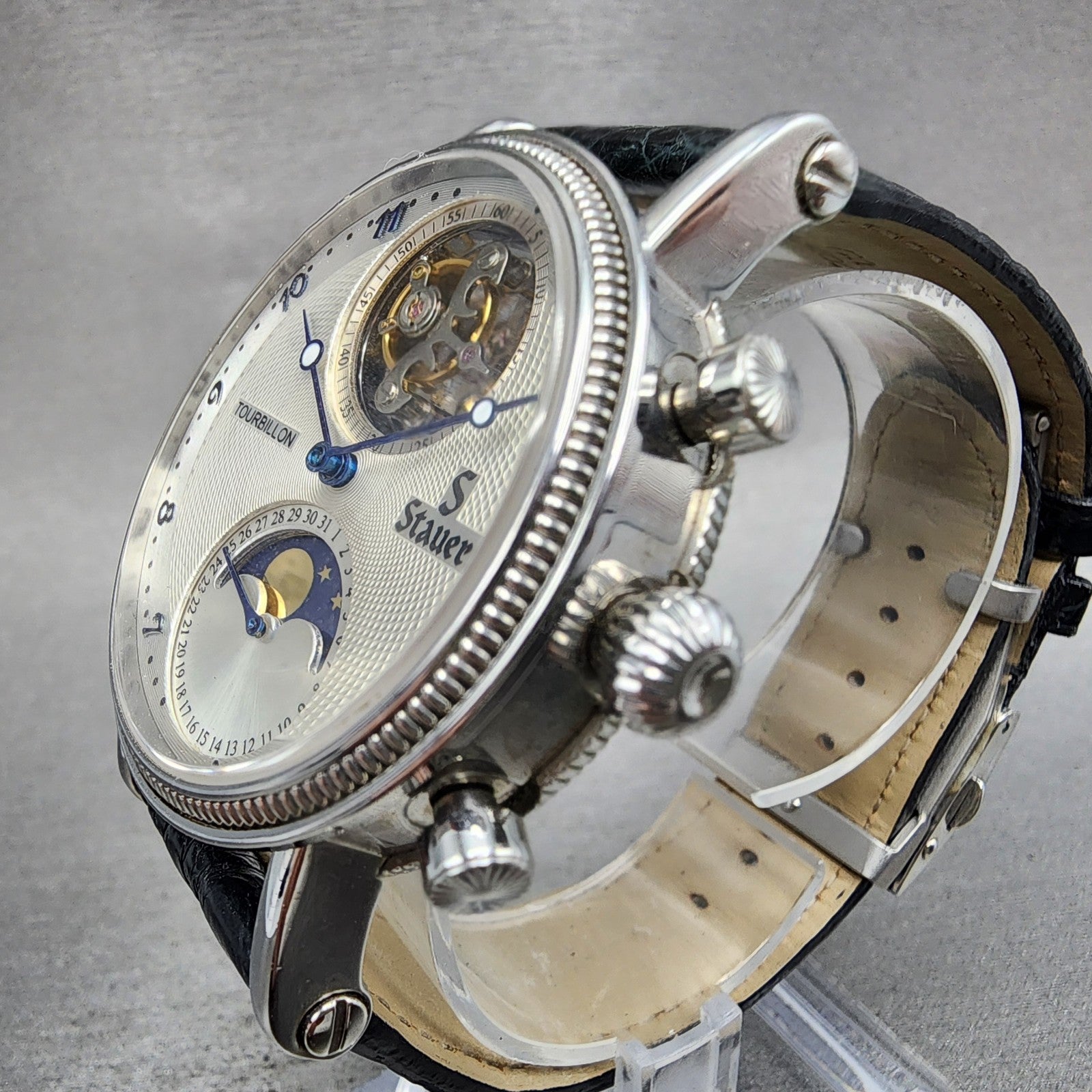 Stauer Tourbillon Watch Men 43mm White Dial Silver Tone Moonphase 0341 PARTS3