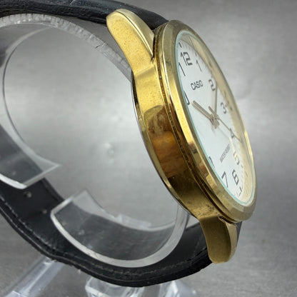Casio Watch Men 38mm White Dial Gold Tone Round MTP-V001 NewBattery Leather Band3