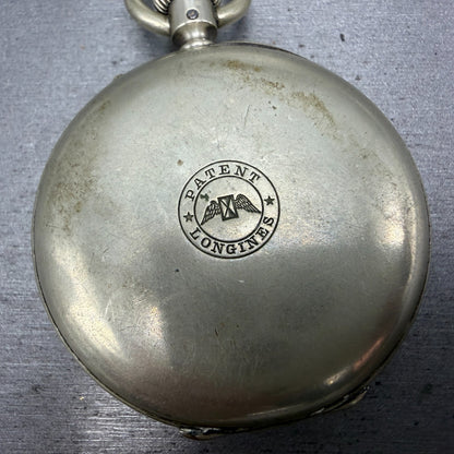Longines Pocket Watch 49mm Black Dial Silver Case Round Manual Wind Runs VTG7