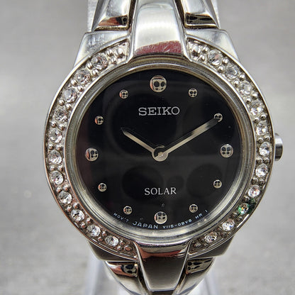 Seiko Solar Watch Women 22mm Black Dial Silver Tone Round Crystal Bezel Runs1