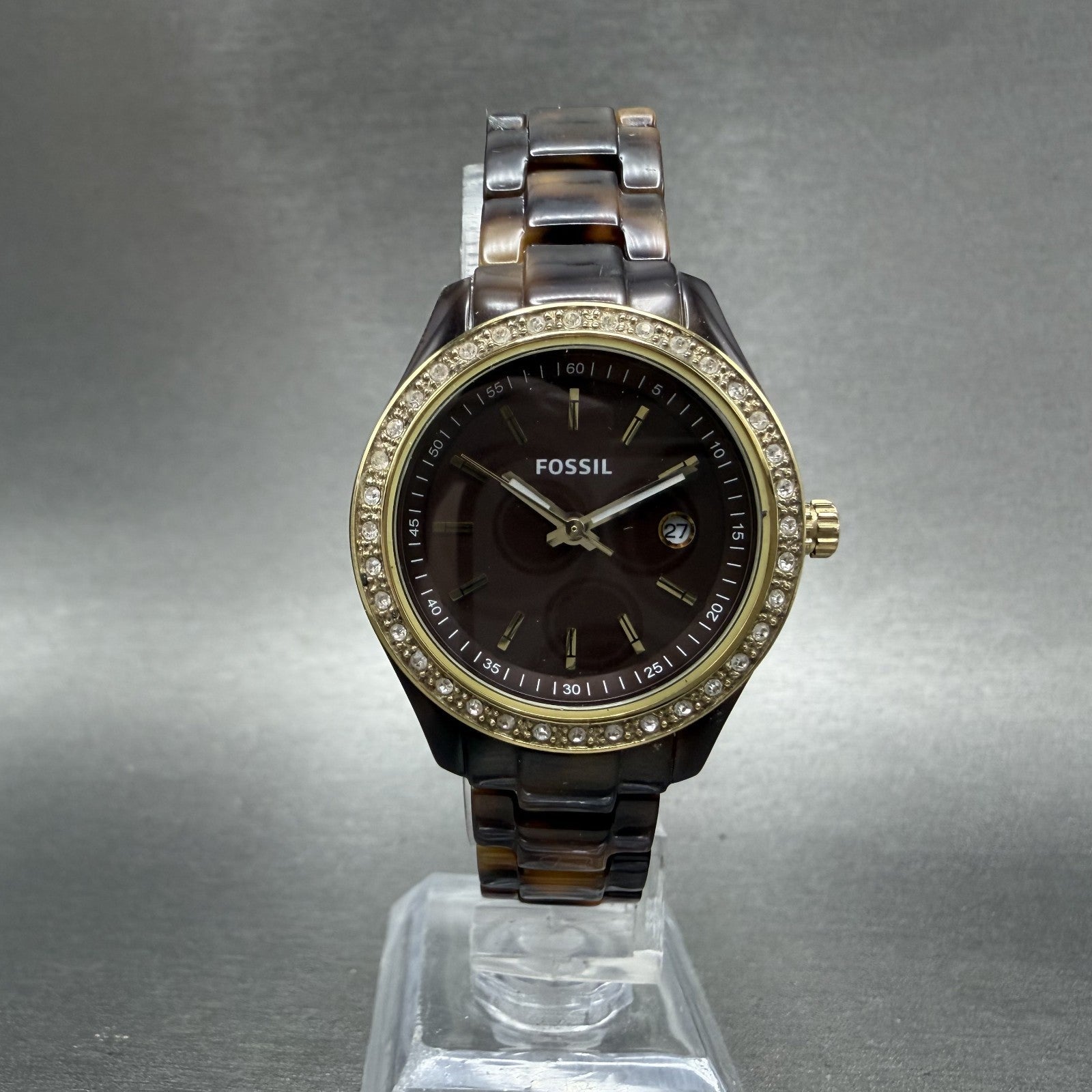 Fossil Stella Mini Watch Women 31mm Brown Dial Brown Tortoise Date ES-2922 Runs5