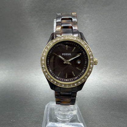 Fossil Stella Mini Watch Women 31mm Brown Dial Brown Tortoise Date ES-2922 Runs5
