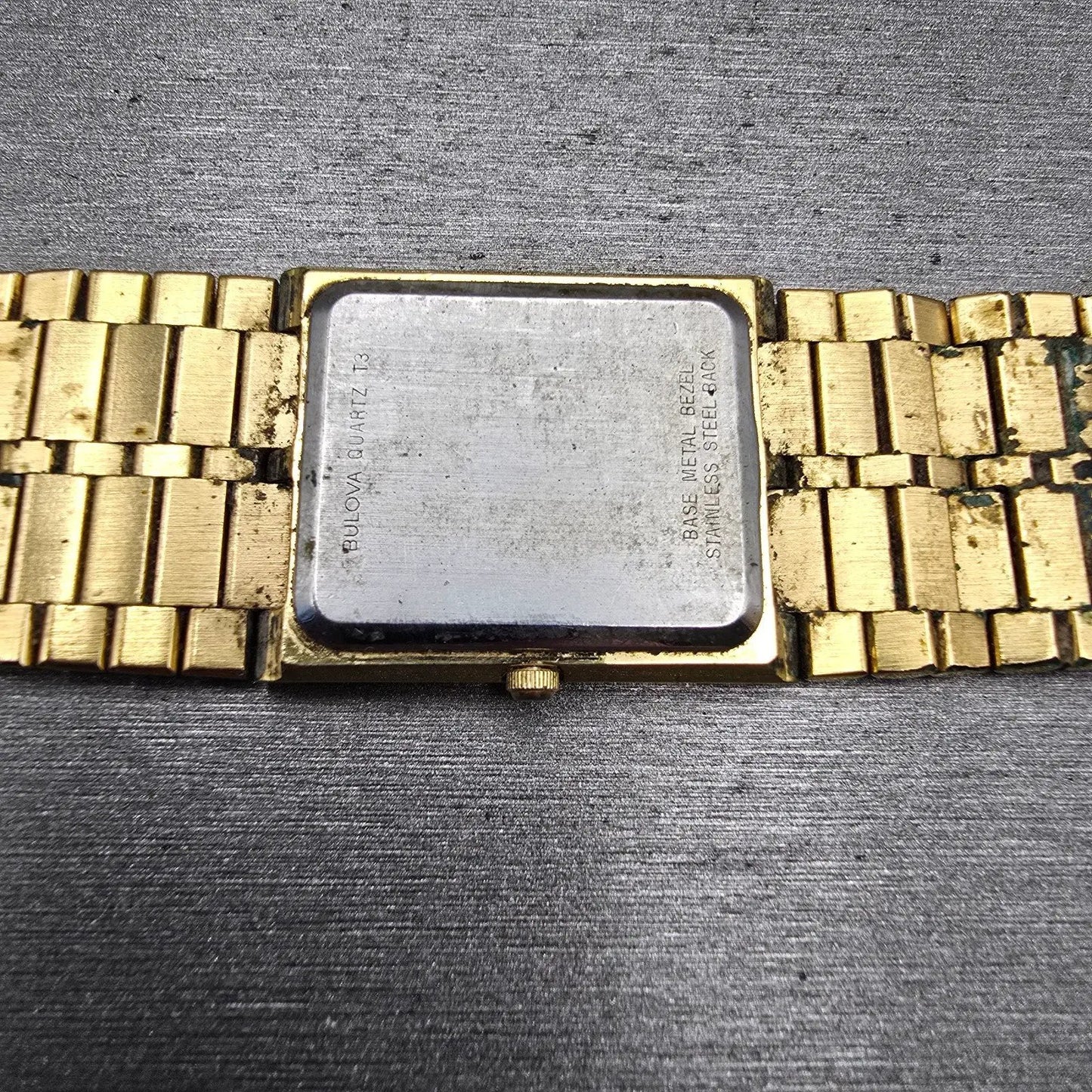 Bulova Watch Men 25mm Black Dial Gold Tone Diamond Rectangle 92M51 New Battery10