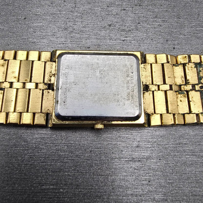 Bulova Watch Men 25mm Black Dial Gold Tone Diamond Rectangle 92M51 New Battery10