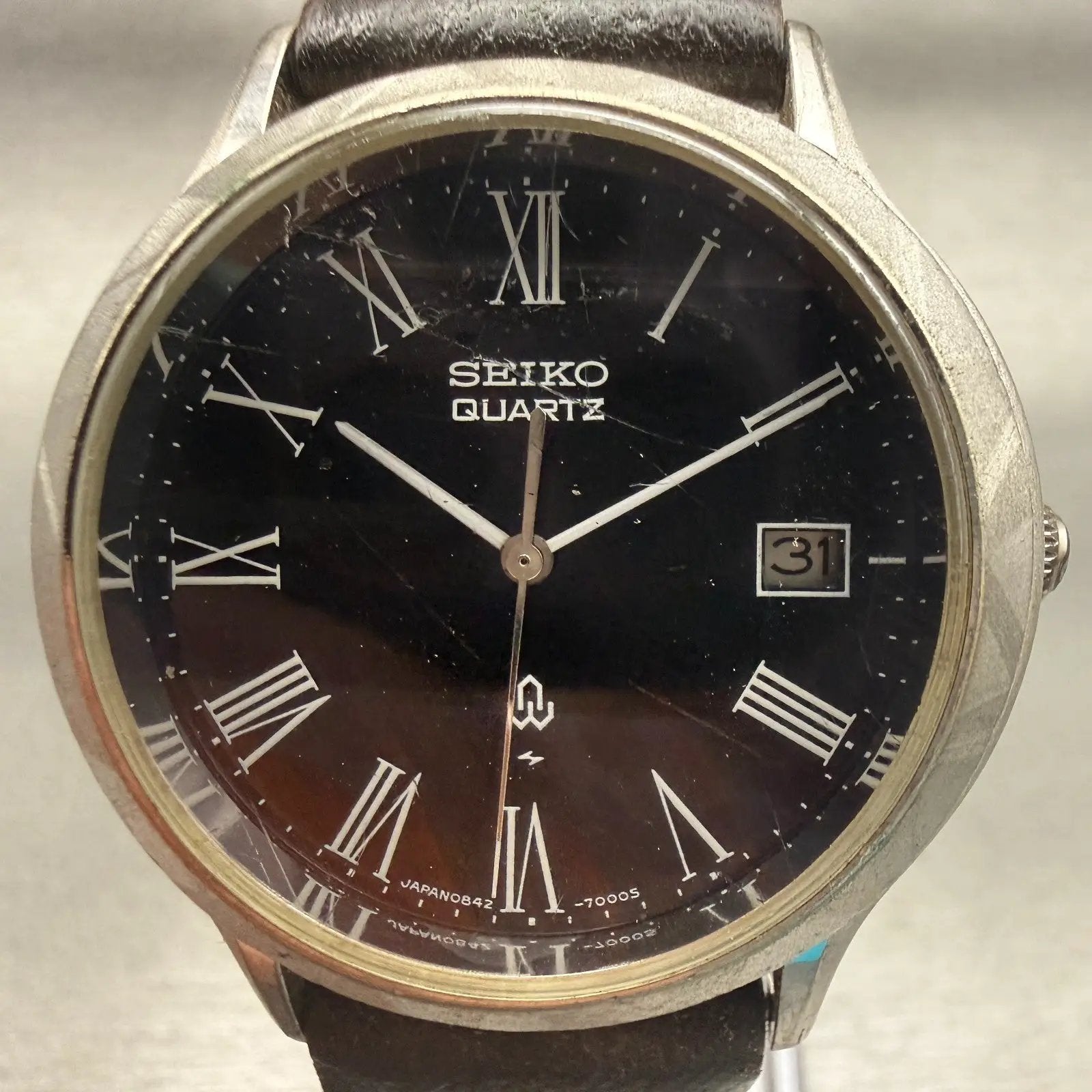 Seiko Watch Men 37mm Black Dial Silver Tone Date Round 0842-7000 New Battery VTG1