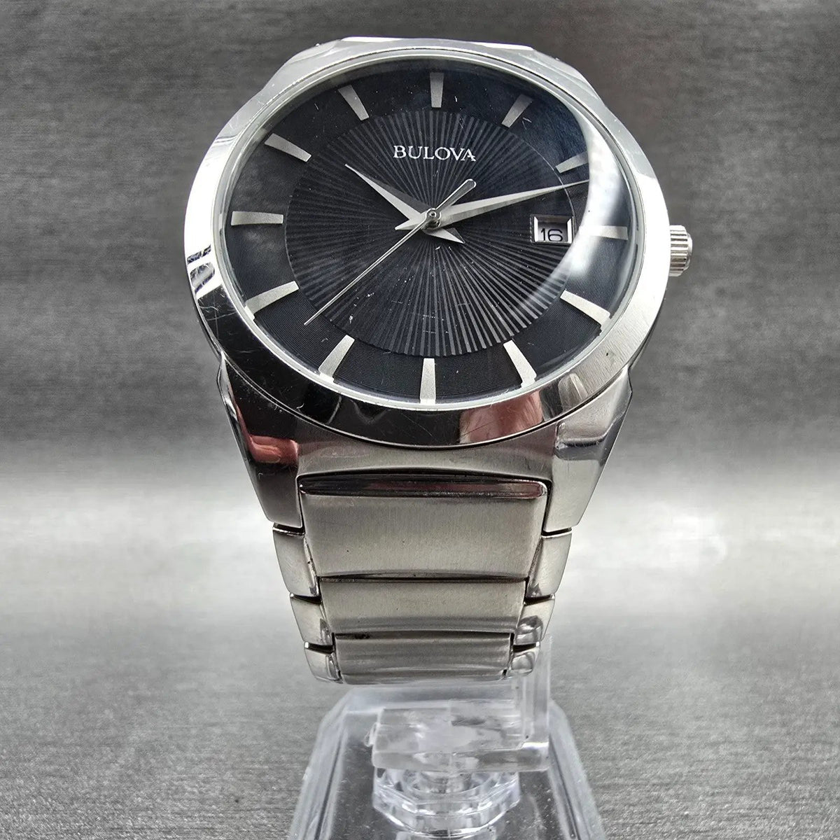 Bulova Watch Men 37mm Black Dial Silver Tone Date Round 96B149 New Battery 235