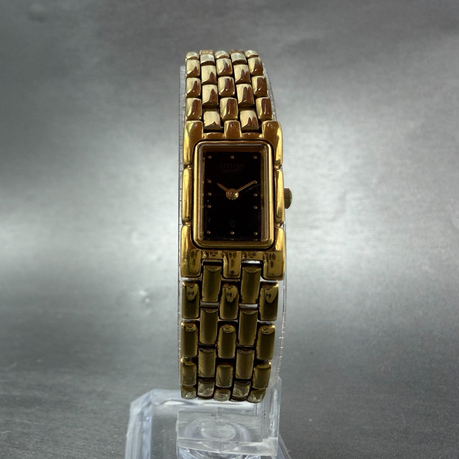 Citizen CQ Tank Watch Women 14mm Black Dial Gold Tone Rectangle New Battery VTG75