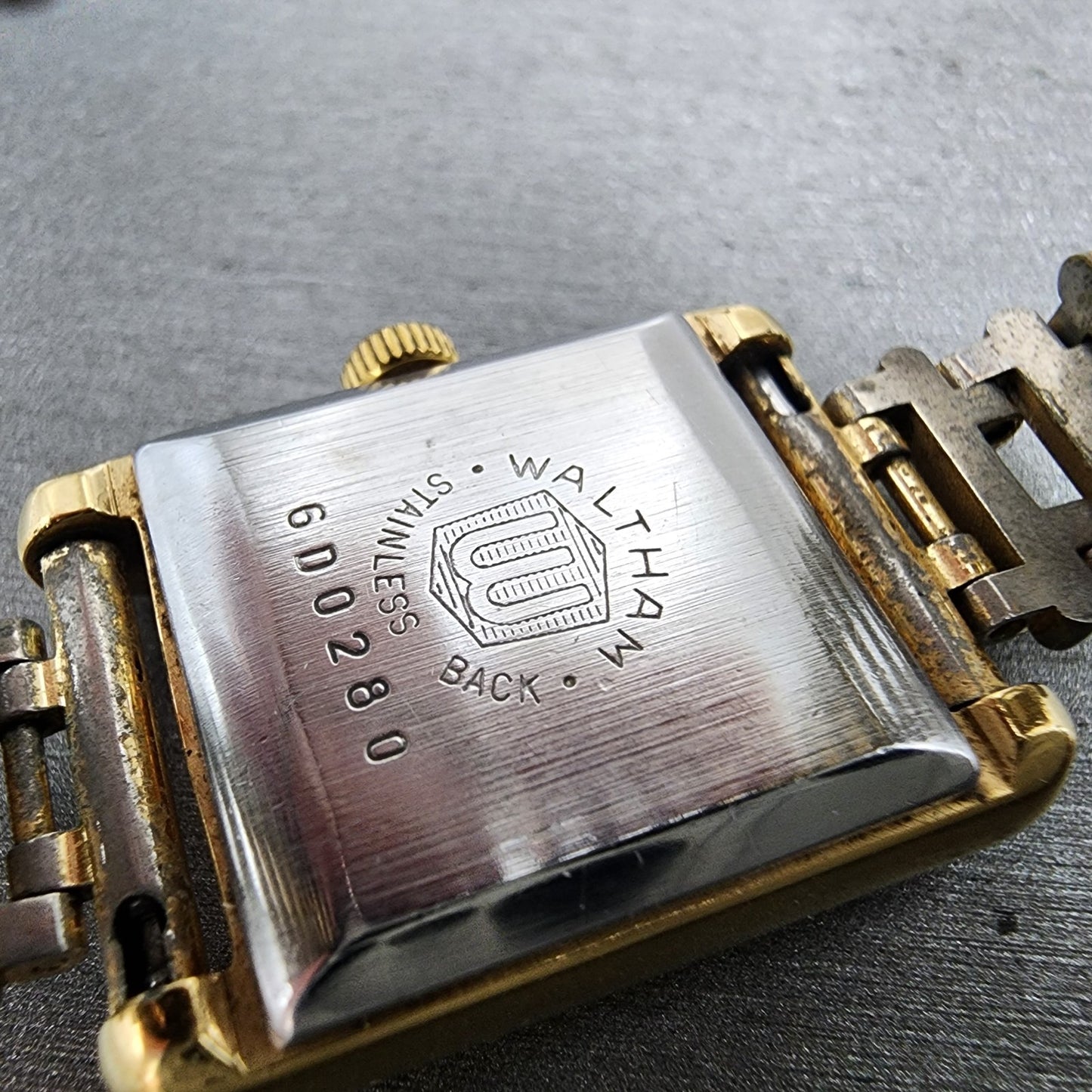 Waltham Tank Watch Women 21mm Champagne Dial Gold Tone Rectangle Manual Runs9