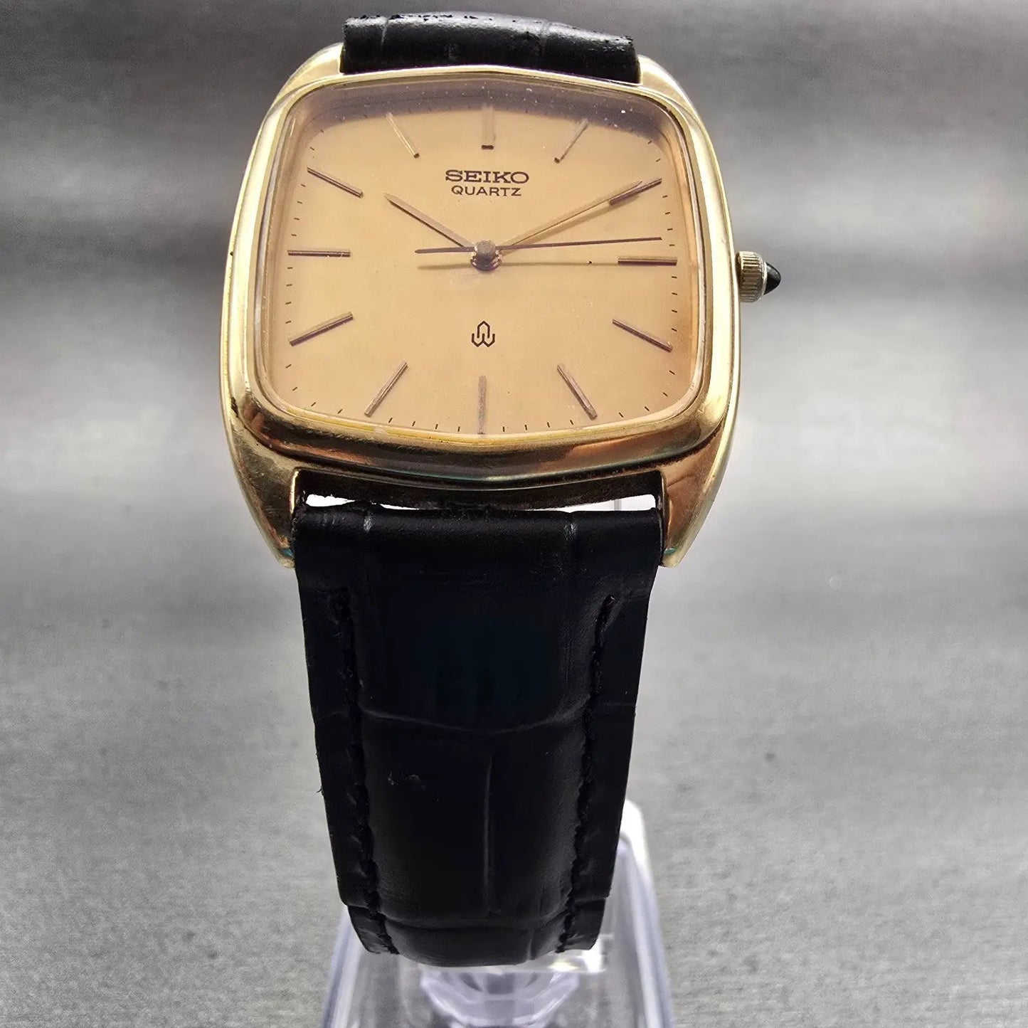 Seiko Watch Men 30mm Gold Dial Gold Tone Rectangle 6030-5250 New Battery Vintage5