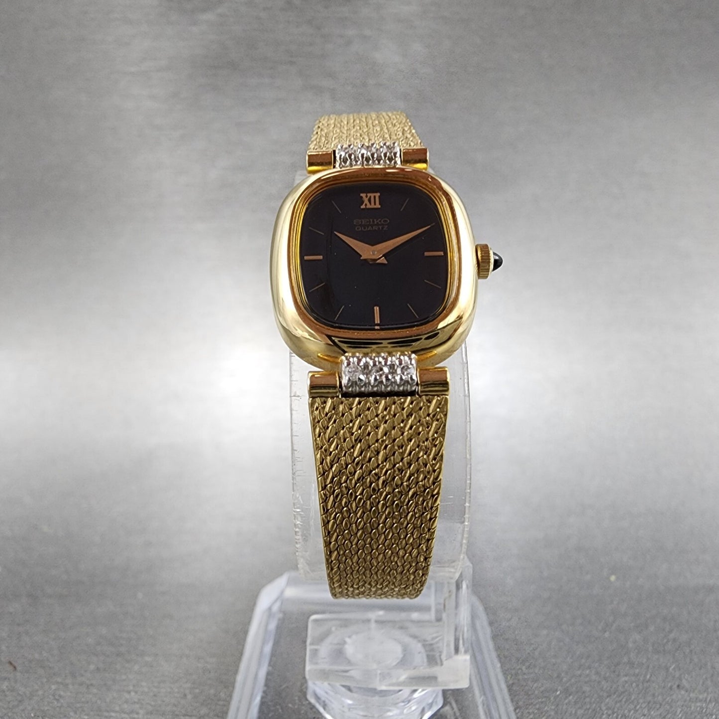 Seiko Watch Women 18mm Black Dial Gold Tone Diamond Accent Rectangle New Battery5
