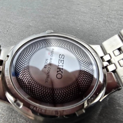 Seiko Solar Watch Men 38mm White Dial Silver Tone Date Atomic 7B22-0AM0 READ!!!!10