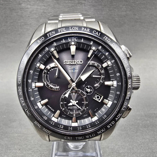Seiko Astron GPS Watch Men45mm Black Dial Titanium Date World Time Solar Works0