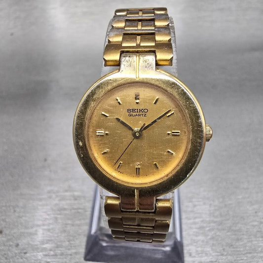 Seiko Watch Women 22mm Gold Dial Gold Tone Round 1N01-0A30 New Battery Vintage0