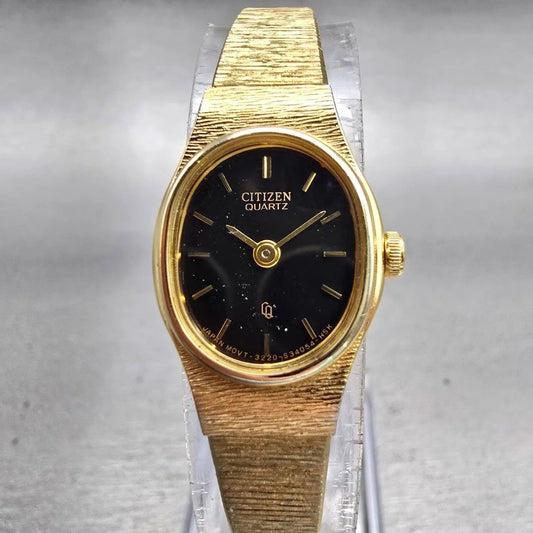 Citizen CQ Watch Women 17mm Black Dial Gold Tone Oval 3220-S16598 New Battery0