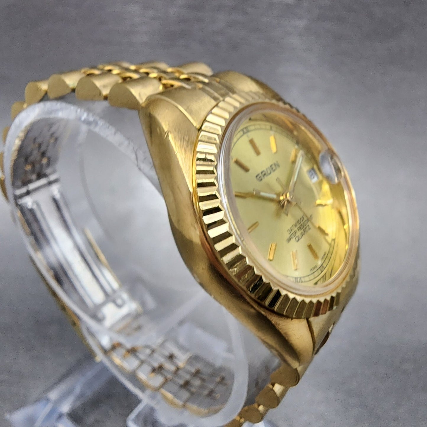 Gruen President Watch Women 26mm Gold Dial Gold Tone Date Round New Battery2