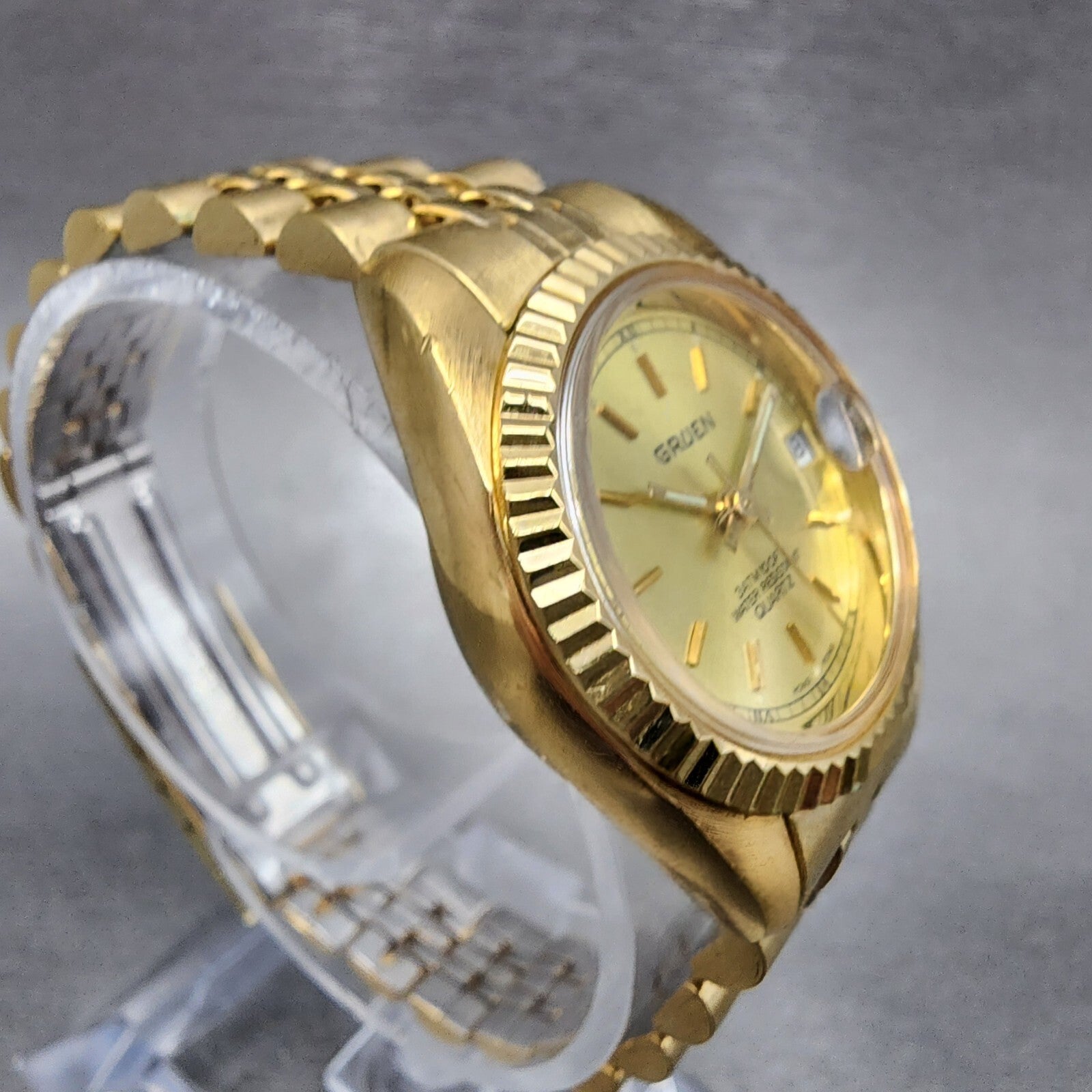 Gruen President Watch Women 26mm Gold Dial Gold Tone Date Round New Battery2