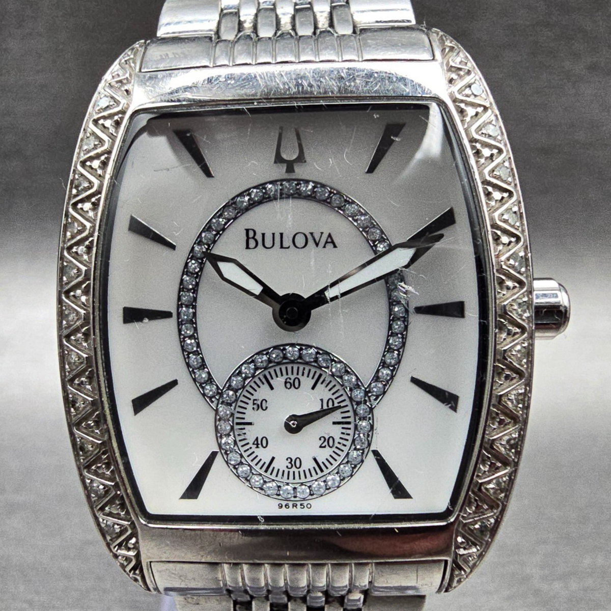 Bulova Watch Women 30mm MOP Dial Silver Tone Gemmed Tonneau 96R50 New Battery1