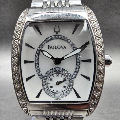 Bulova Watch Women 30mm MOP Dial Silver Tone Gemmed Tonneau 96R50 New Battery1
