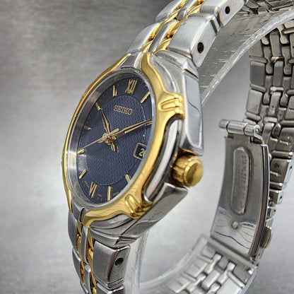 Seiko Watch Women 26mm Blue Dial Two Tone Date Round 7N820AT0 New Battery B1232