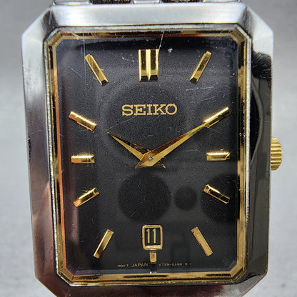 Seiko Tank Watch Men 27mm Black Dial Black &gold Tone Date V7395b19 New Battery1