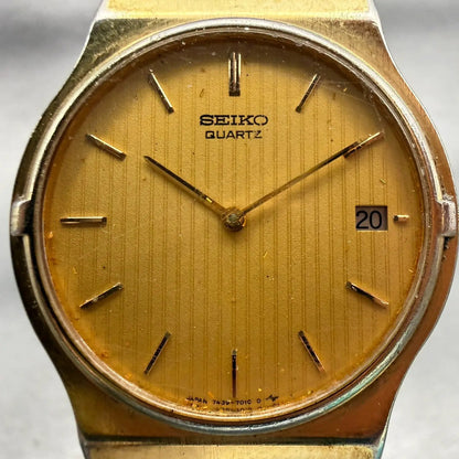 Seiko Watch Men 33mm Gold Dial Gold Tone Date Round 7439-7010 New Battery VTG1