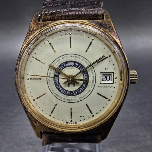 Hamilton Watch Men 34mm Champagne Dial Gold Round 905880 Electrica Workers PARTS0