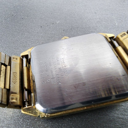 Seiko Tank Watch Men 25mm Black Dial Gold Tone 5Y005000 Rectangle New Battery9