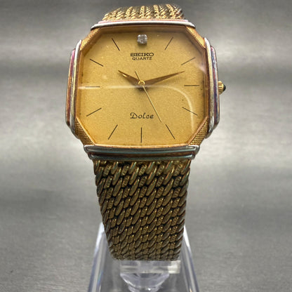 Seiko Dolce Watch Men 28mm Gold Dial Gold Tone Hexagon 7731-5000 New Battery5