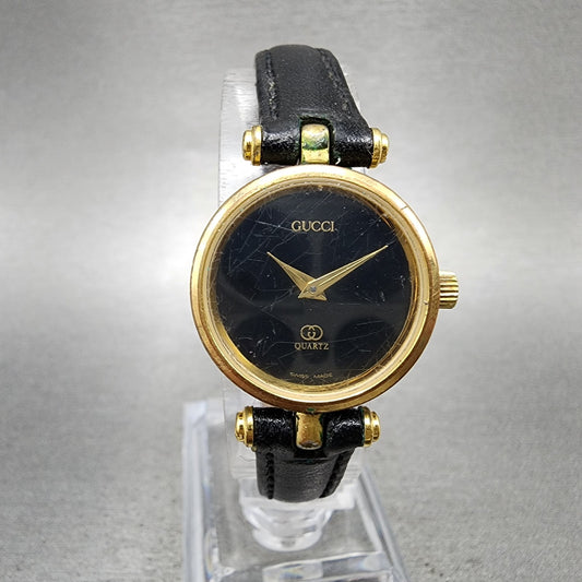 Gucci 2000L Watch Women 22mm Black Dial Gold Plated Round New Battery VTG0