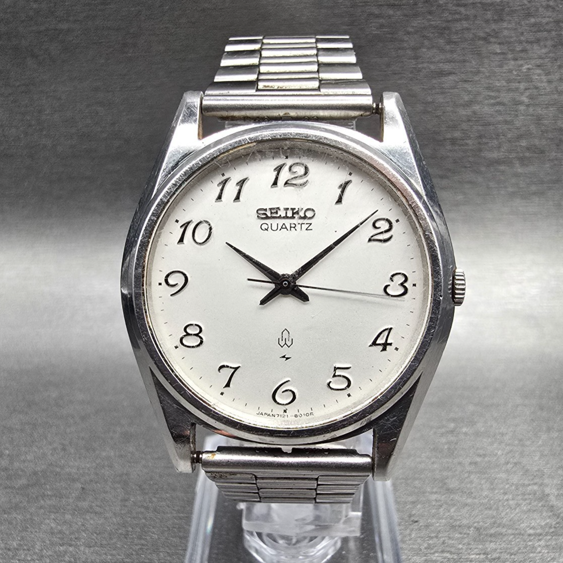 Seiko Watch Men 35mm White Dial Silver Tone Round 7121-8000 New Battery Vintage0