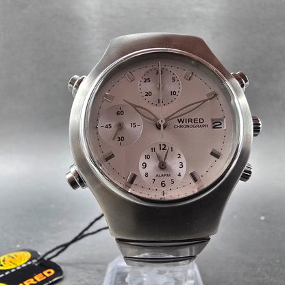 Seiko Wired Chronograph Watch Women 35mm Pink Dial Steel Alarm Date New Battery5