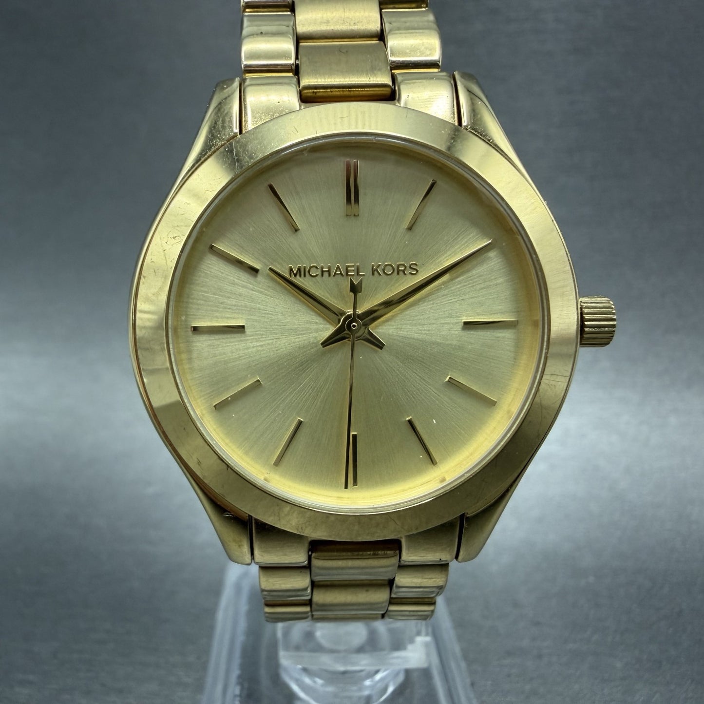 Michael Kors Slim Runway Watch Women 34mm Gold Dial Gold Tone Round New Battery0