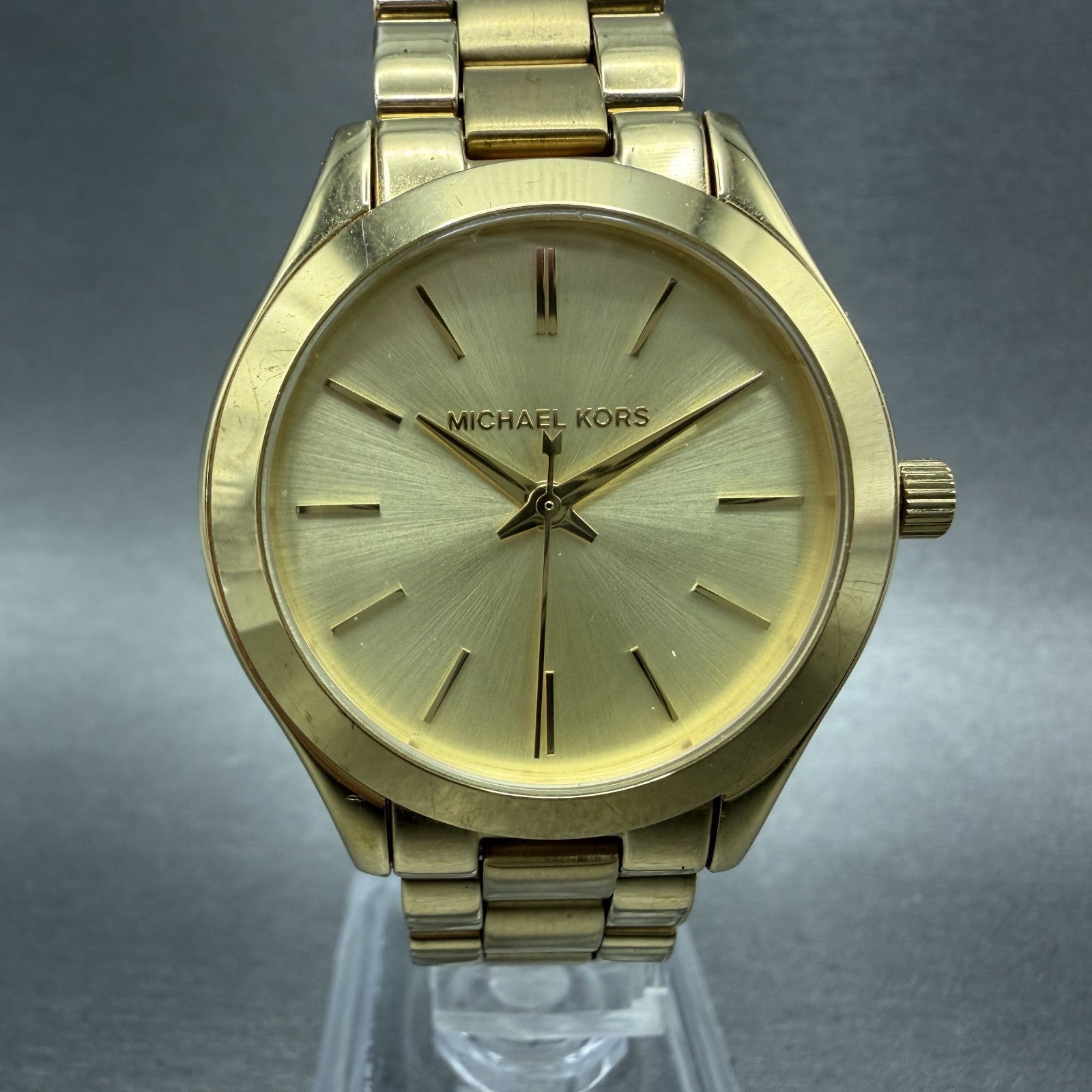 Michael Kors Slim Runway Watch Women 34mm Gold Dial Gold Tone Round New Battery0