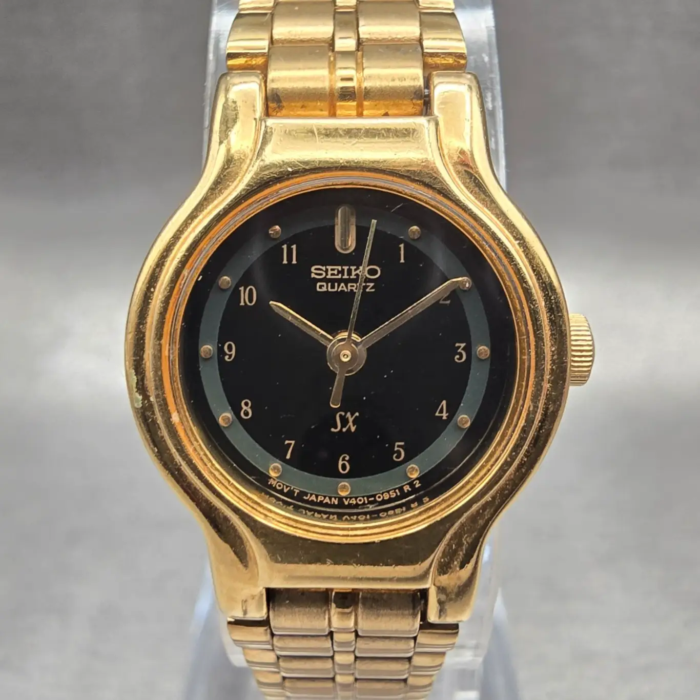 Seiko SX Watch Women 19mm Black Dial Gold Tone Round V401-0281 New Battery VTG0