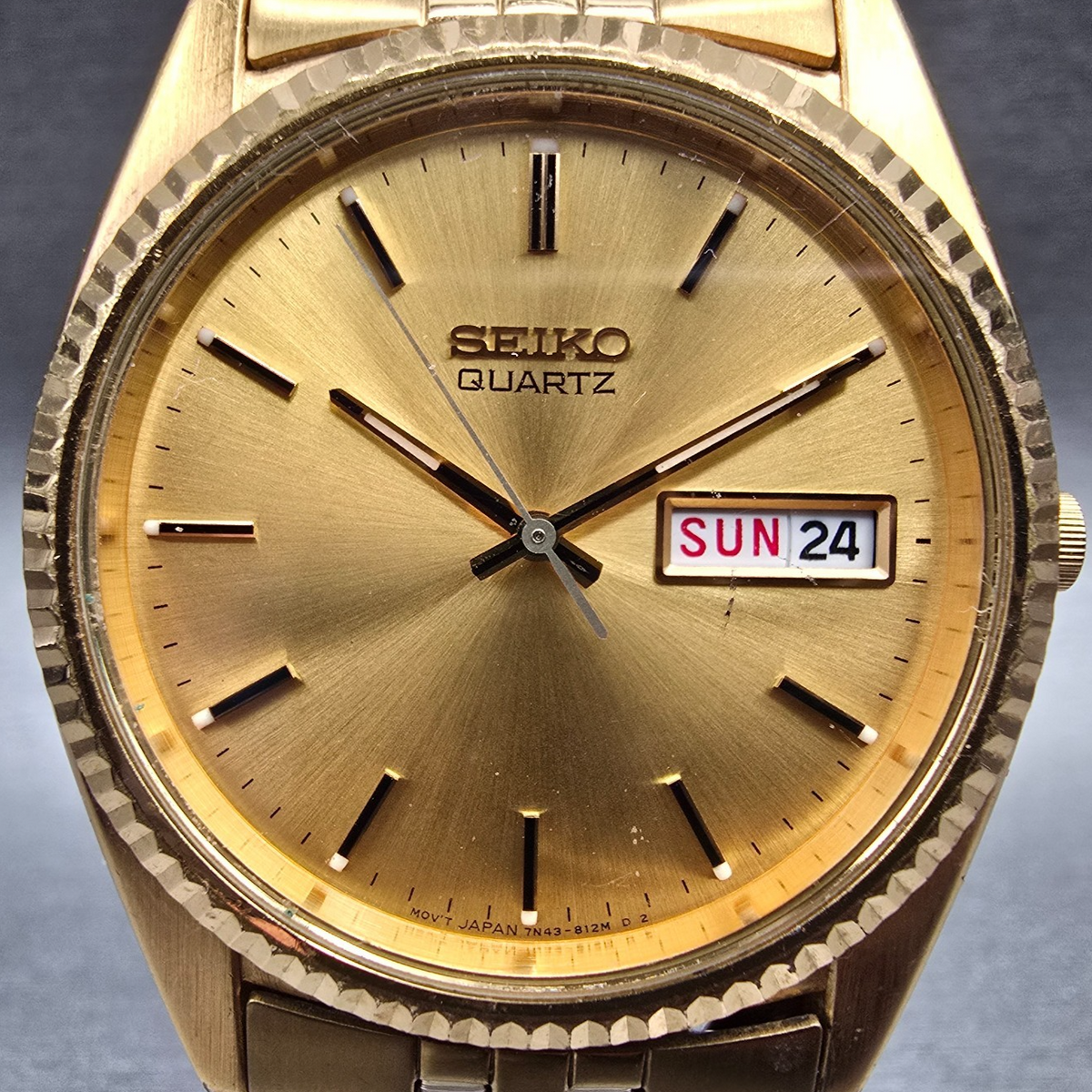 Seiko President Watch Men 35mm Gold Dial Gold  Daydate 7N43-8111 New Battery JP21