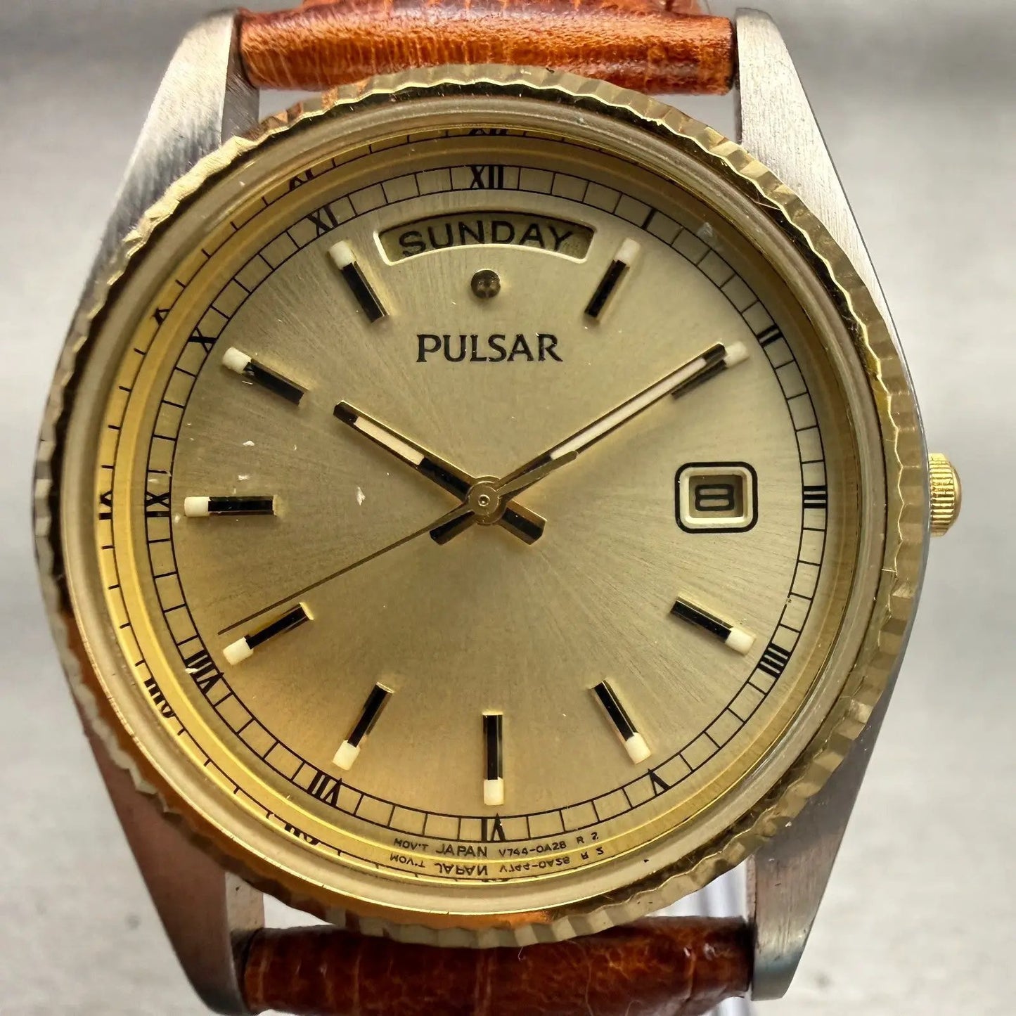 Pulsar President Watch Men 35mm Champagne Dial Two Tone Date V744-0A20 New Bat1
