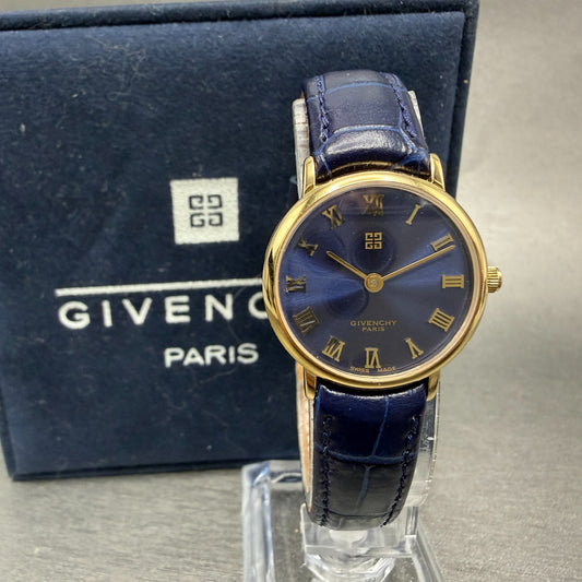 Givenchy Watch Women 24mm Blue Dial Gold Tone Round Swiss New Battery W/Box0