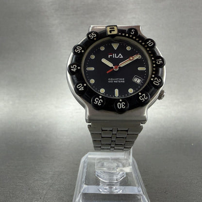Fila Dive Watch Men 38mm Black Dial Silver Tone Round Date New Battery5