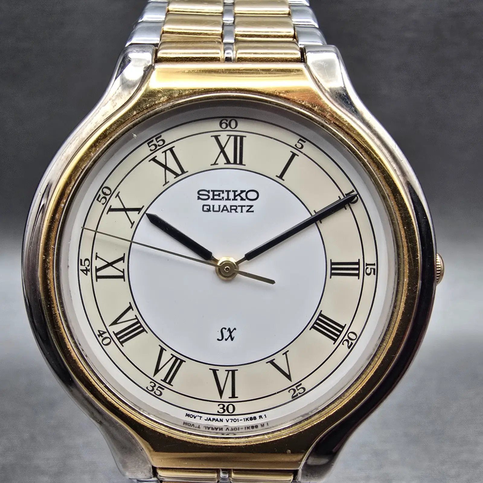 Seiko SX Watch Men 34mm White Dial Two Tone Round V701-6J60 New Battery VintageL1