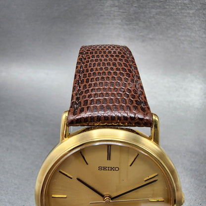 Seiko Watch Men 33mm Gold Dial Gold Tone Round 7N016B20 New Battery VTG4