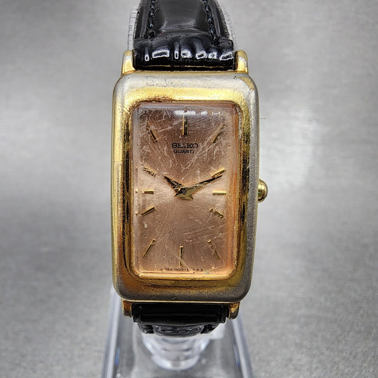 VTG Seiko Tank Watch Women 17mm Pink Dial Gold Tone Rectangle 1N00-5C99 New Batt