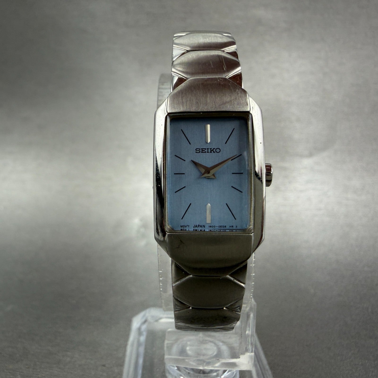 Seiko Tank Watch Women 16mm Blue Dial Silver Tone Rectangle 1N00-0CY0 NewBattery5