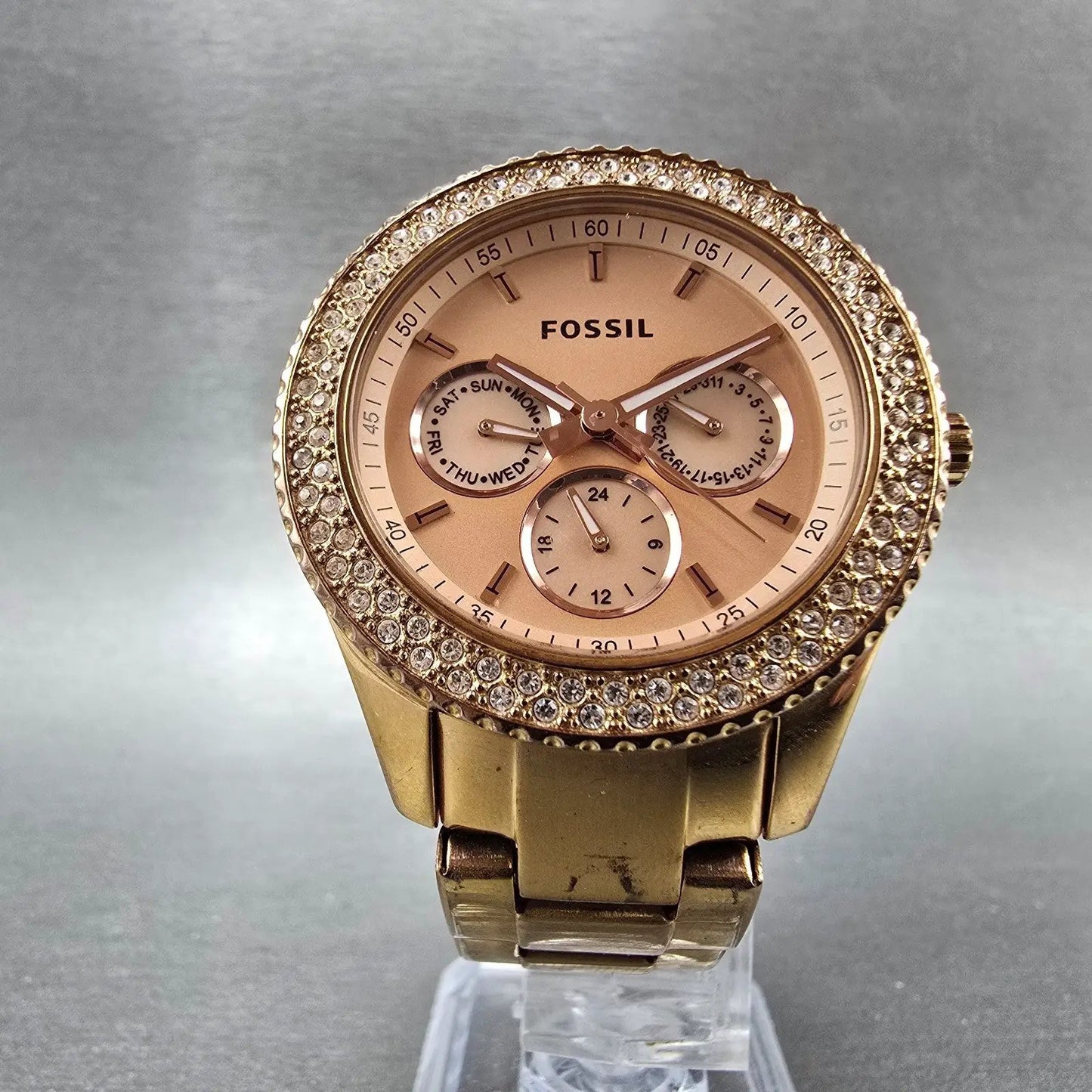 Fossil Stella Watch Women 38mm Pink Dial Rose Gold Tone Daydate ES3003 New Batt5