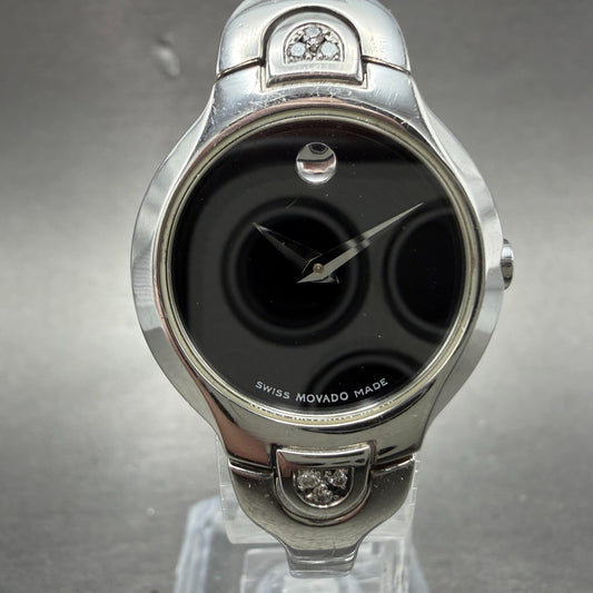 Movado Kara Watch Women 24mm Black Dial Steel Diamonds Bangle 84-A1-1846 NewBatt0