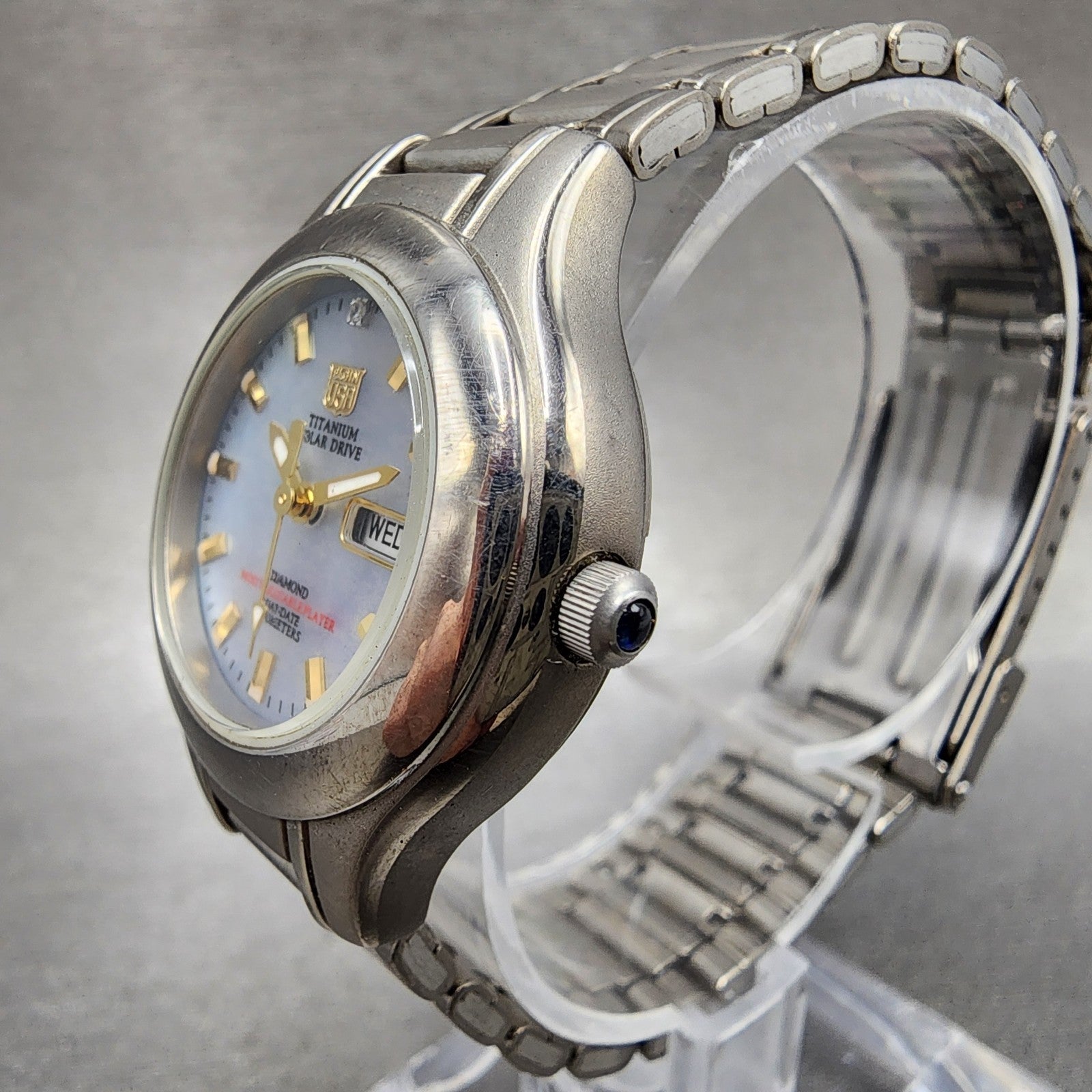 Elgin Solar Watch Women 29mm MOP Dial Titanium Gray Daydate Round FK1252C Runs2