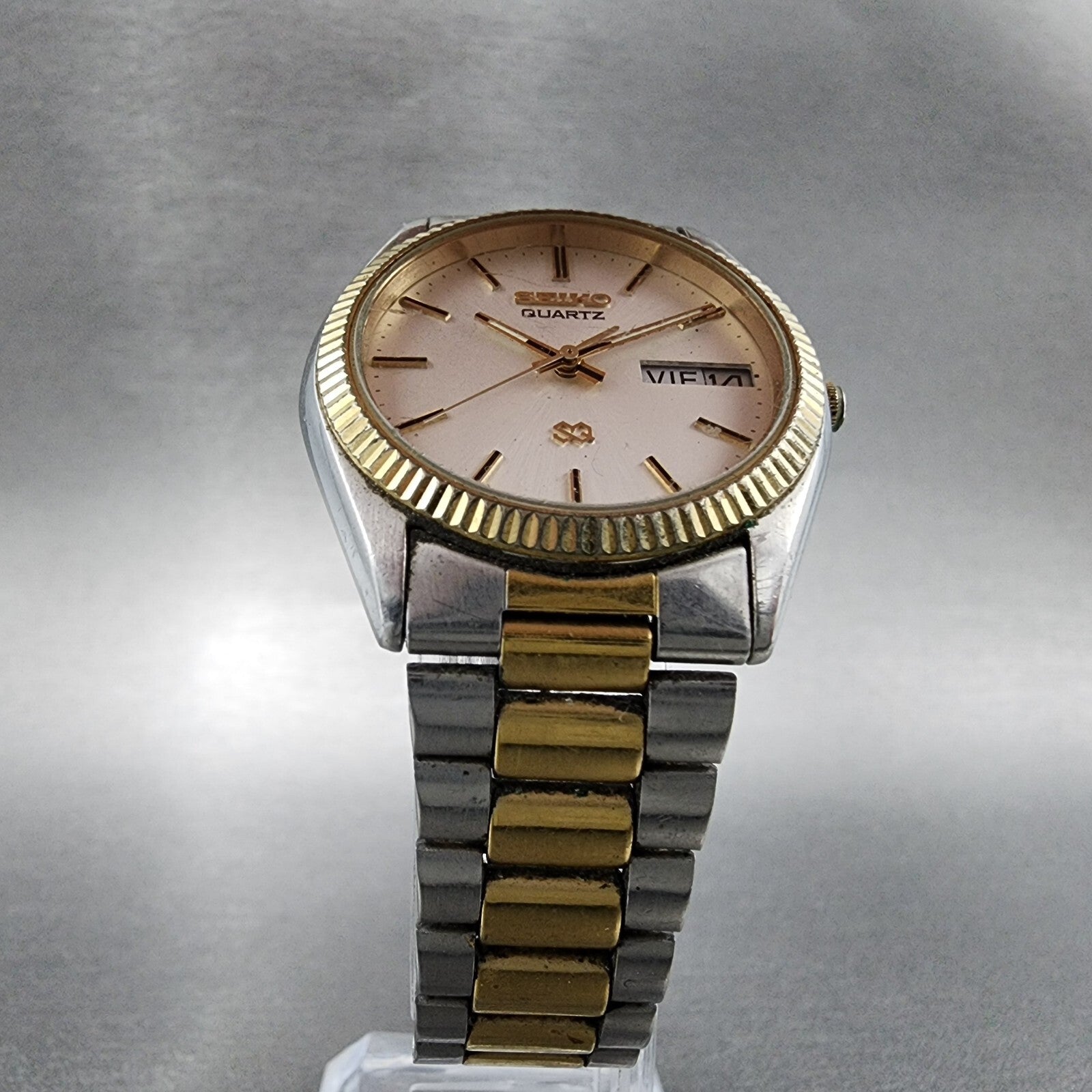 VTG Seiko SQ President Watch Women 33mm White Dial Two Tone Daydate Round NewBat5