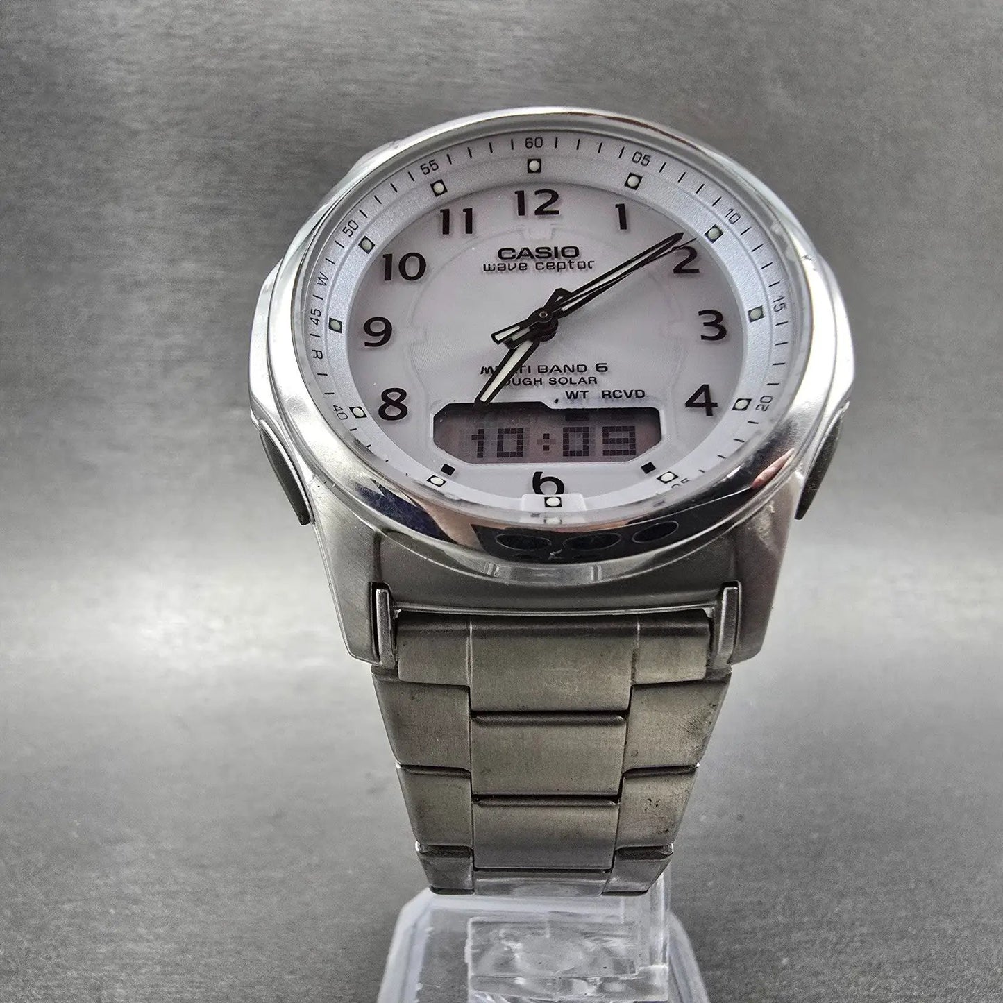 Casio Wave Ceptor Watch Men 42mm White Dial Steel Solar Analog Digital Works KFT5