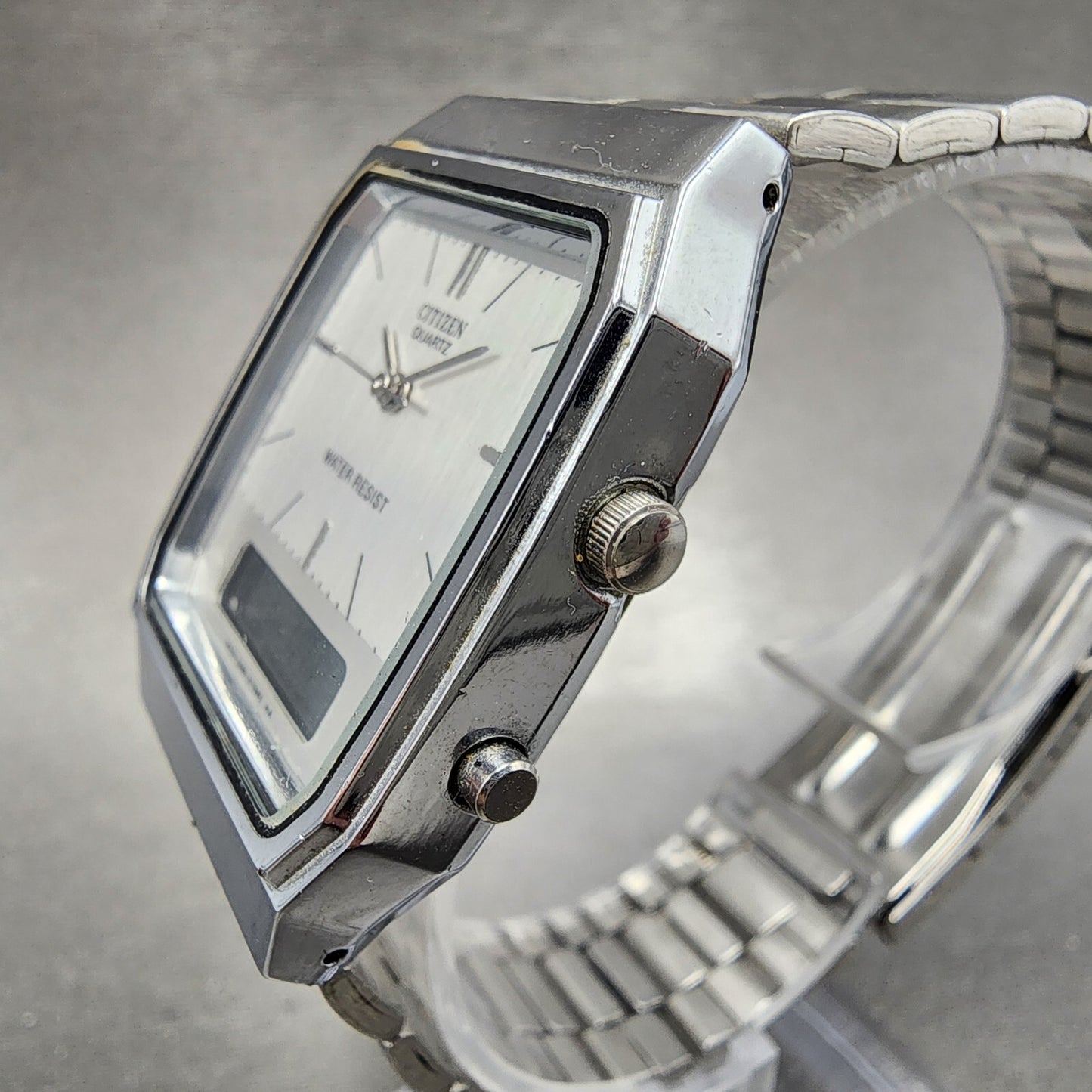 Citizen Analog Digital Watch Men 32mm Silver Dial Silver Tone Rectangle New Batt