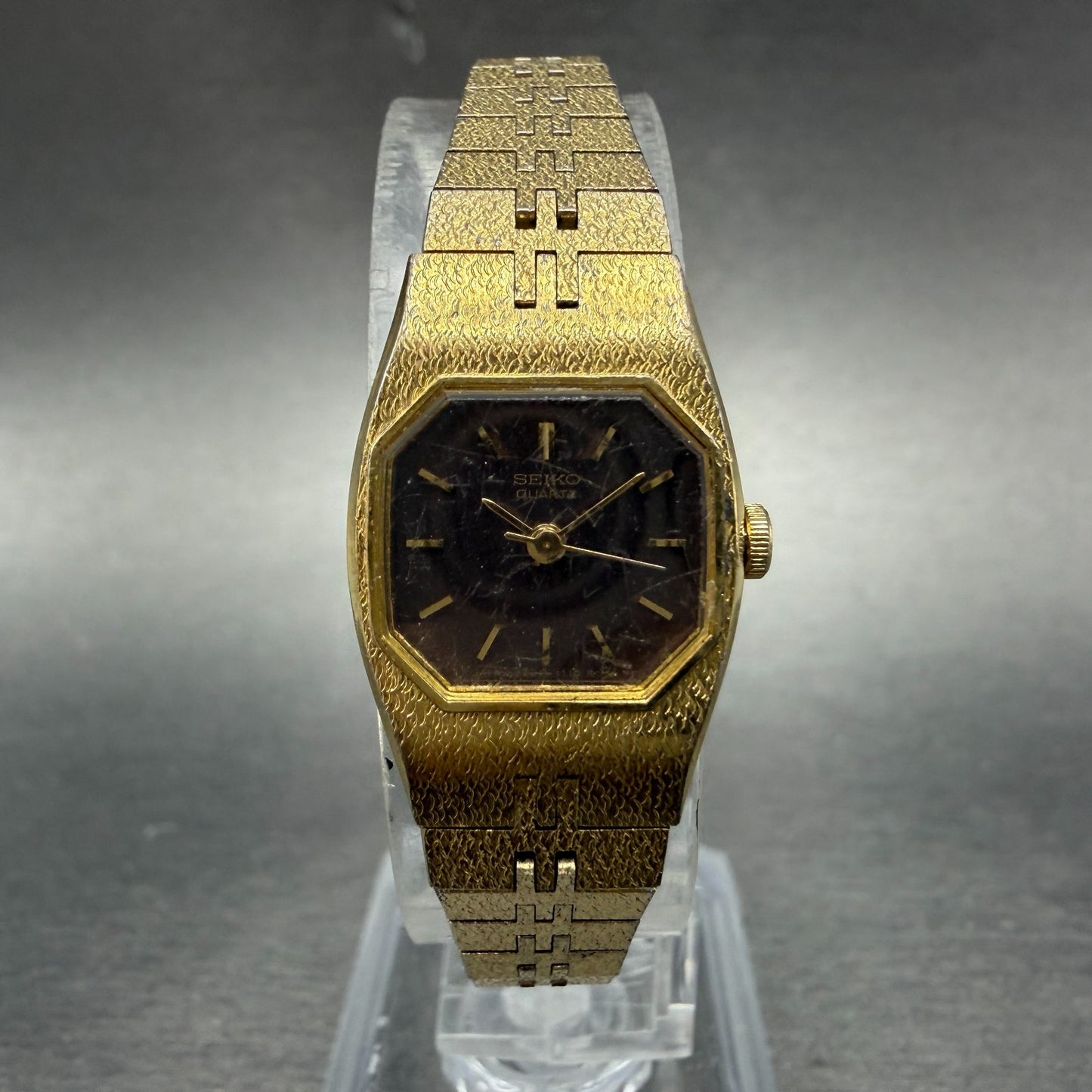 Seiko Watch Women 16mm Brown Dial Gold Tone Octagon 2C21-5470 New Battery HJ70