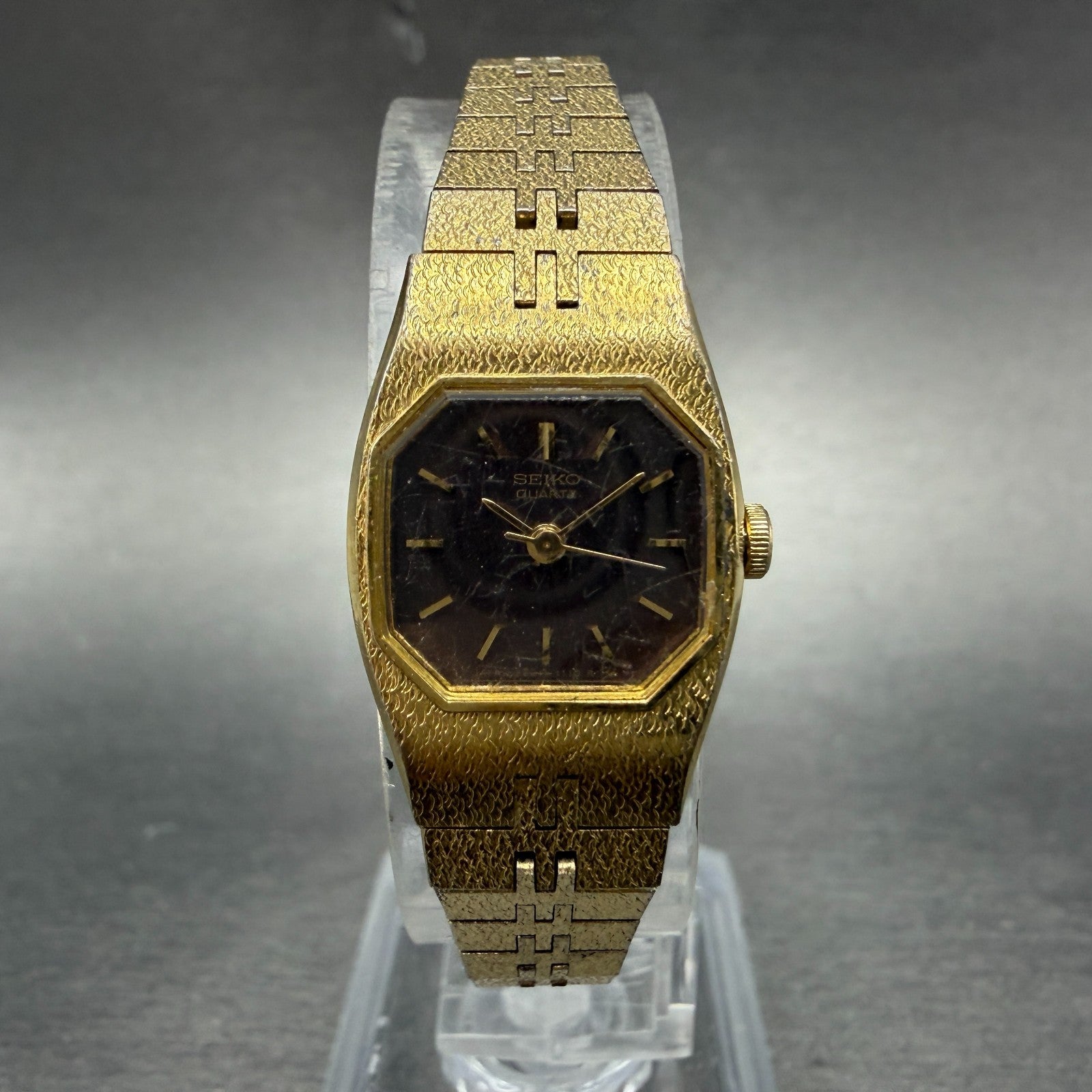 Seiko Watch Women 16mm Brown Dial Gold Tone Octagon 2C21-5470 New Battery HJ70